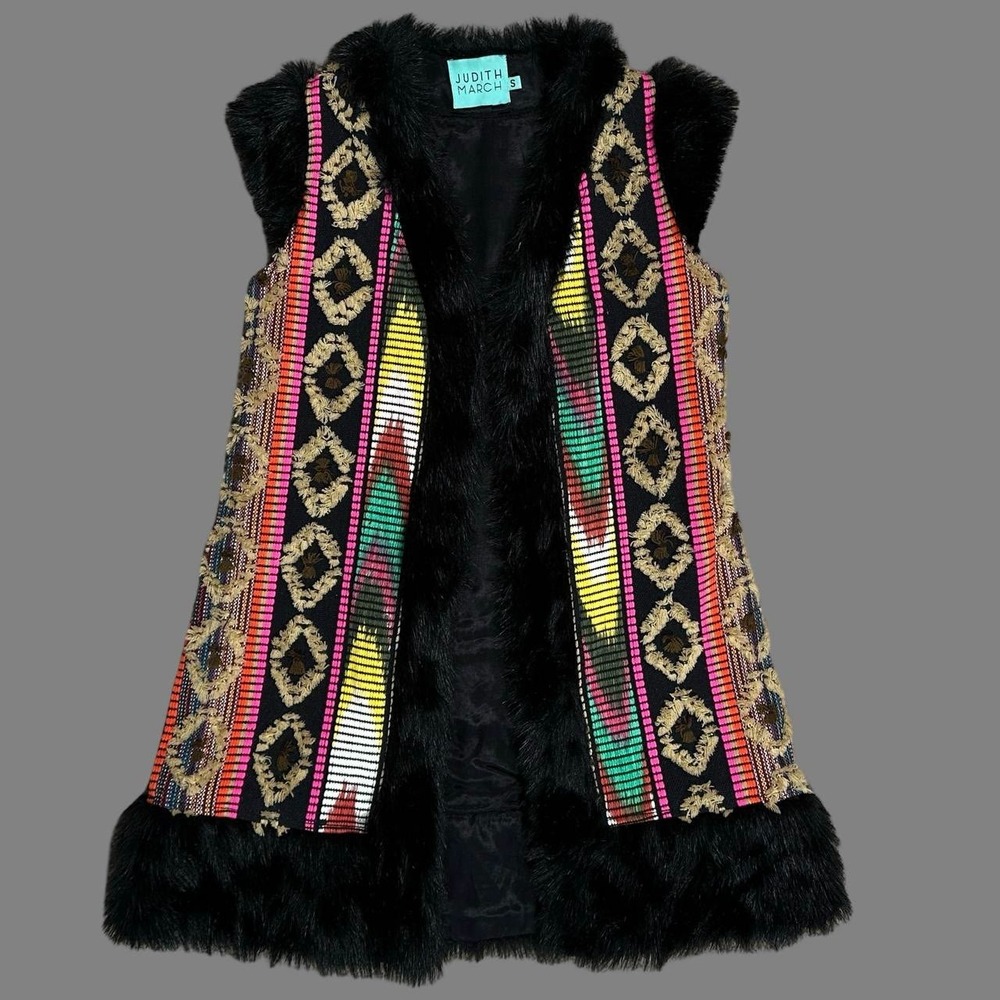 Judith March Vest Size S Black Faux Fur Multicolor Tapestry Boho Western